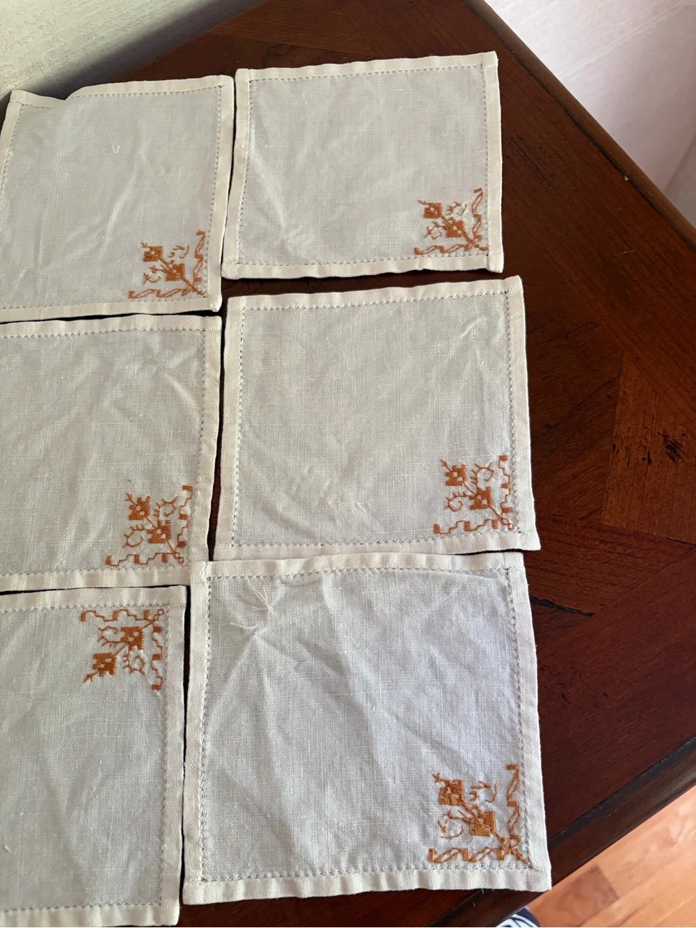 Set of 6 Off White Linen Cocktail Napkins Embroidered Corner
